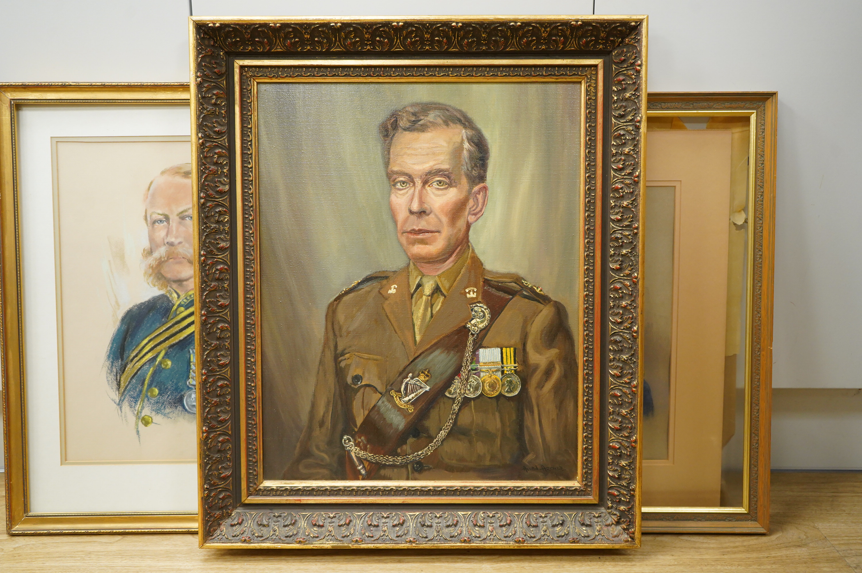 Contemporary School, Portrait of a gentleman wearing military dress, oil on board, together with two other military interest pastel portraits, two include Surgeon General W. G. Trusdell, largest 49 x 39cm